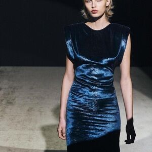 NWOT ZARA Blue Velvet Evening Dress With Flare Sleeves - Size S